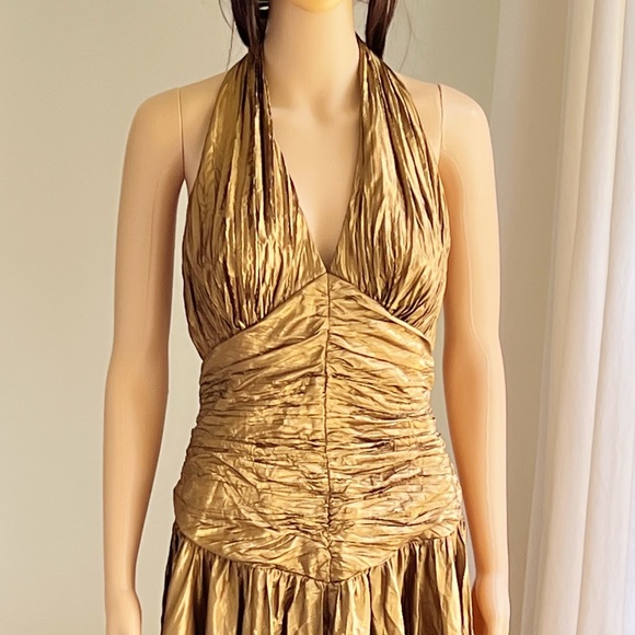 Vintage Eletra Casadei Gold Lame’ Halter Top Midi Length Disco Party Dress Small